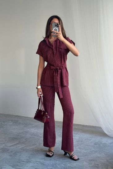 ÇİZGİLİ POLYVİSKON BLUZ - PANTOLON TAKIM - Bordo resmi